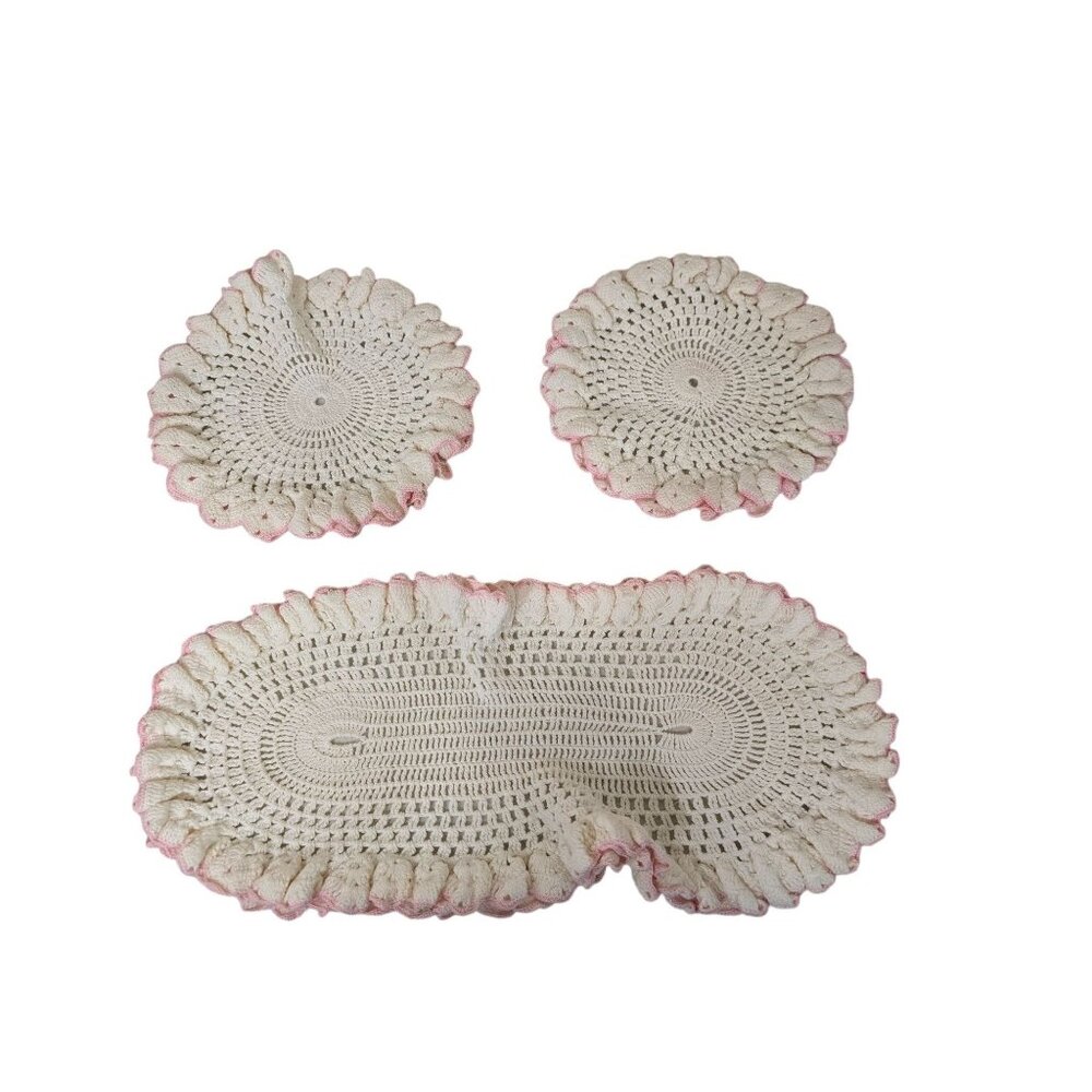 Vintage Hand-Crocheted‎ Doily Set Of 3 With Pink Trim